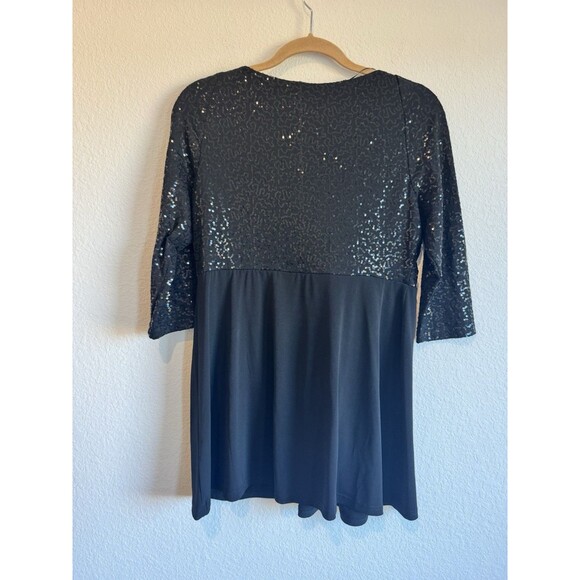 Boston Proper Women's Black Sequin Evening Blouse V Neck 3/4 Sleeve Flowy Medium - Picture 2 of 10